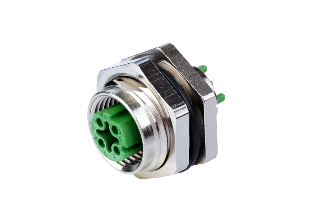 PC board jack M12, D-coded, 4-pole, IP67, <br />rear mounting