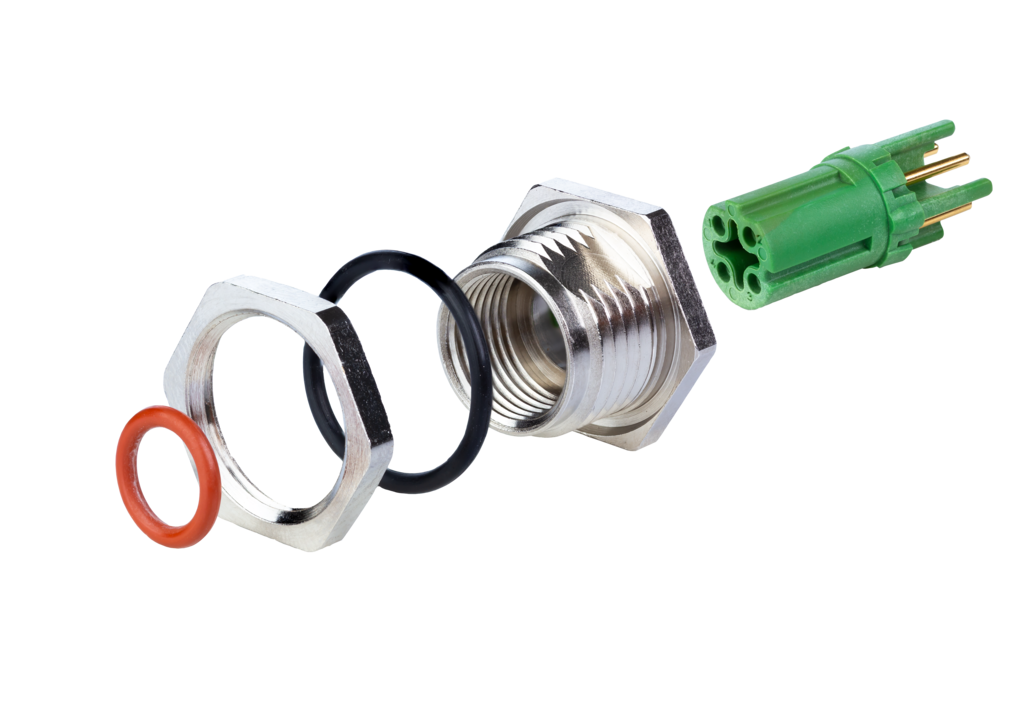 PC board jack M12, D-coded, 4-pole, IP67, <br />rear mounting, in individual parts