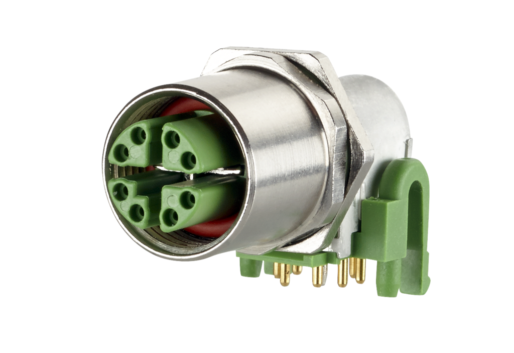 PC board jack M12, X-coded, 8-pole, IP67, <br />90° angled, max. 2.5 mm wall thickness