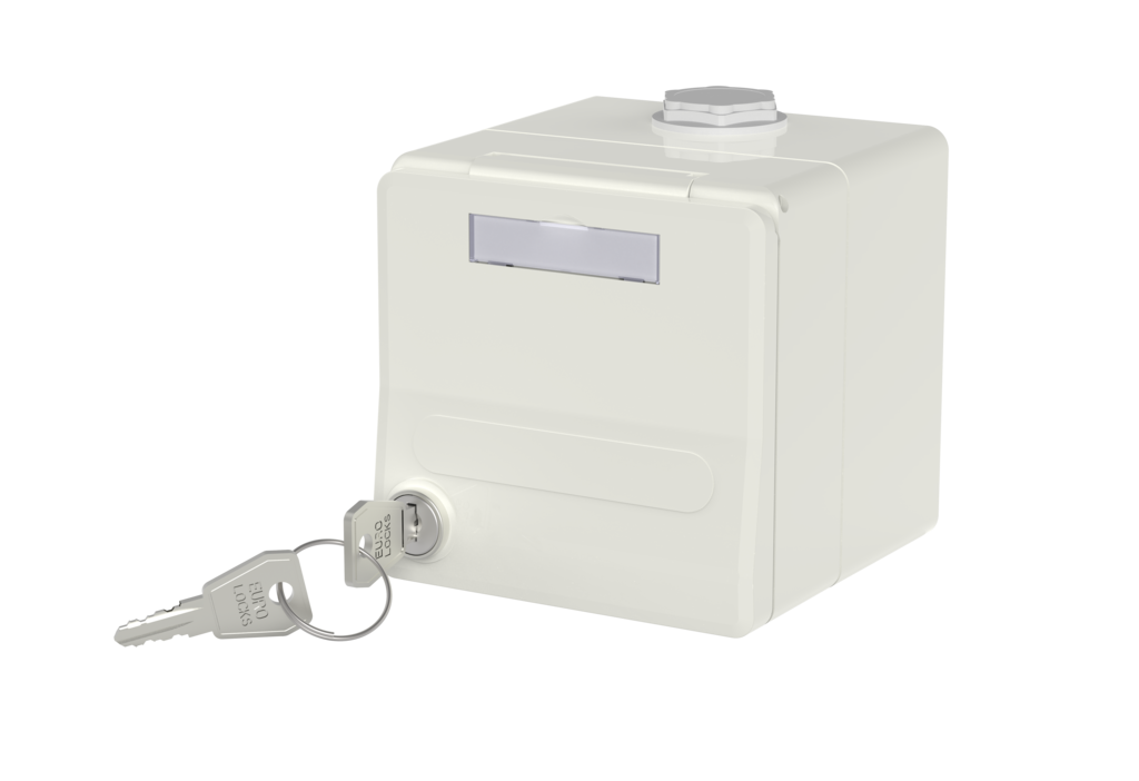 IP44 surface-mounted module housing with hinged cover <br />and lock, pure white, 2 port unequipped for MC module