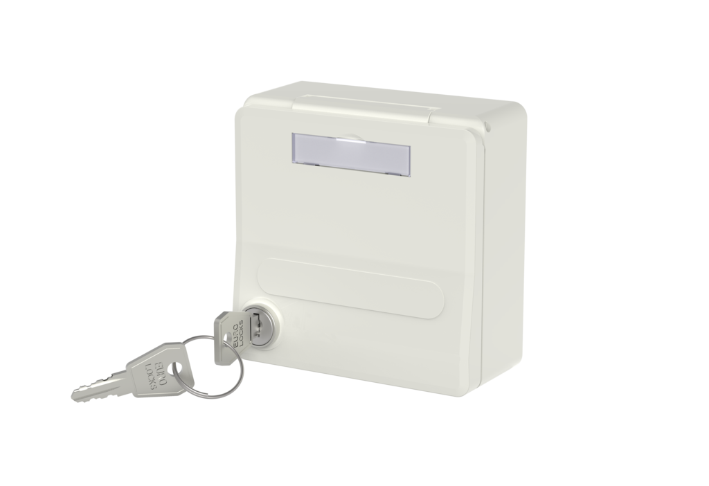 Flush-mounted module housing with hinged cover and <br />lock, pure white, 2 port unequipped for Keystone