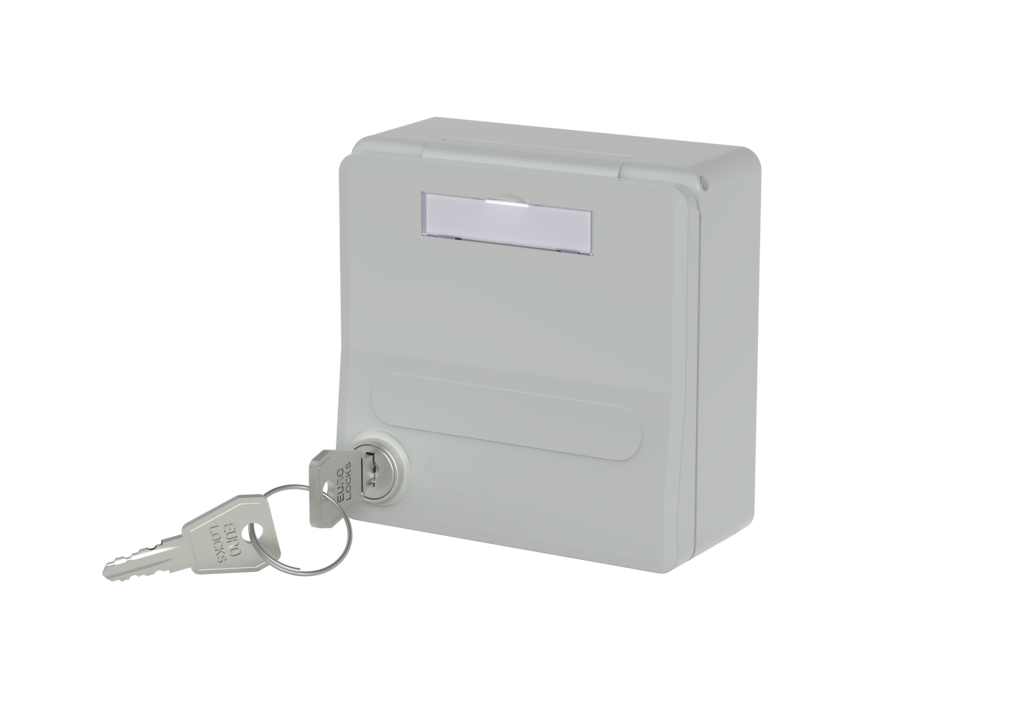 Flush-mounted module housing with hinged cover and <br />lock, gray, 2 port unequipped for MC module