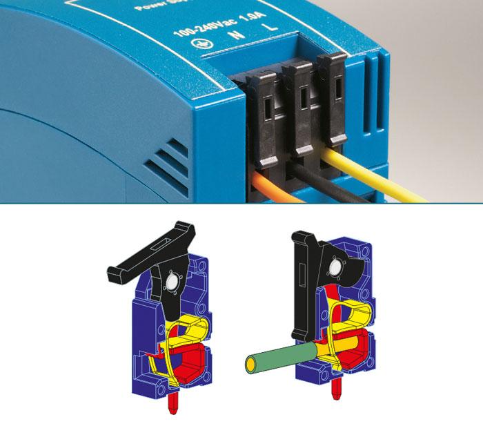 Spring clamp terminal block with cage clamp