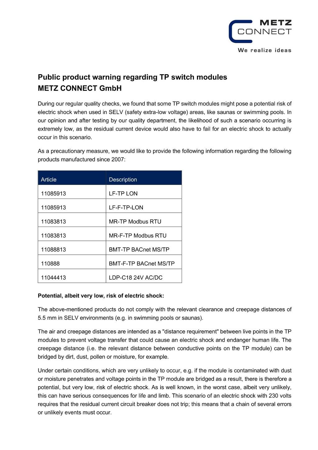 METZ CONNECT Product Warning 2025 EN